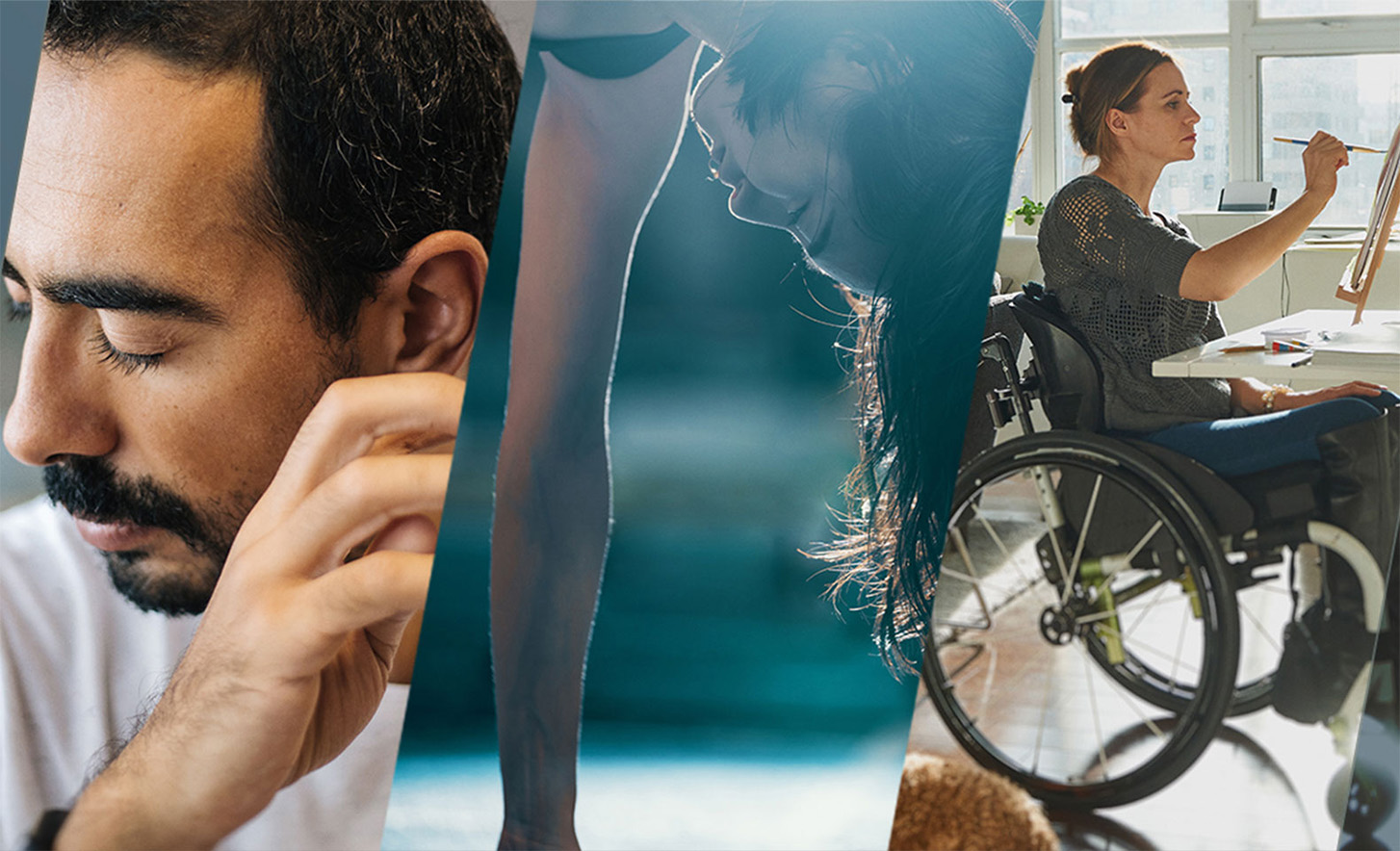 Trys sujungti vaizdai, vaizduojantys žmogų užmerktomis akimis, žmogų, stovintį ant rankų ir neįgaliojo vežimėlyje sėdintį žmogų, tapantį ant drobės.