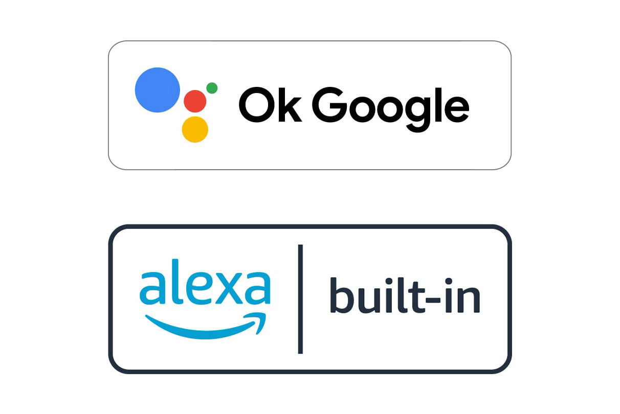 „Ok Google“ logotipo ir „alexa built-in“ logotipo vaizdas
