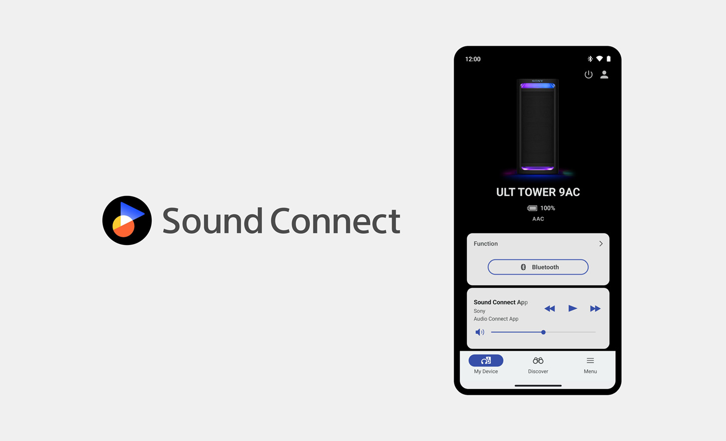 „Sound Connect“ logotipas šalia mobiliojo telefono su ekrane atidaryta ir naudojama programėle „Sony Connect“ vaizdo