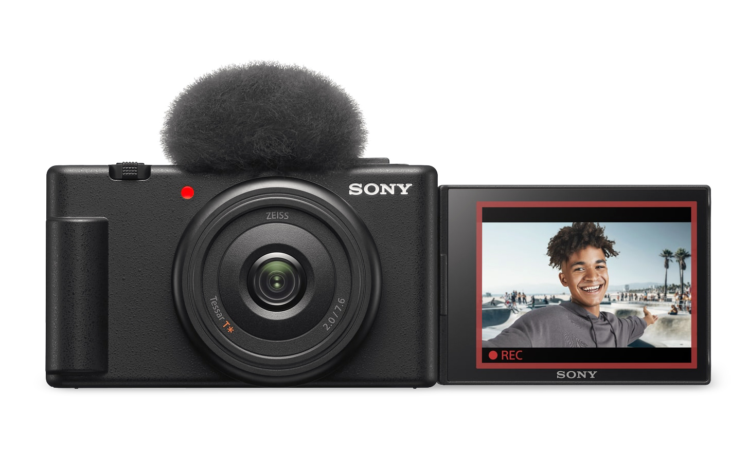 „ZV-1F“ su pritvirtintu vėjo ekranu ir atidarytu rodymo ekranu vaizdas