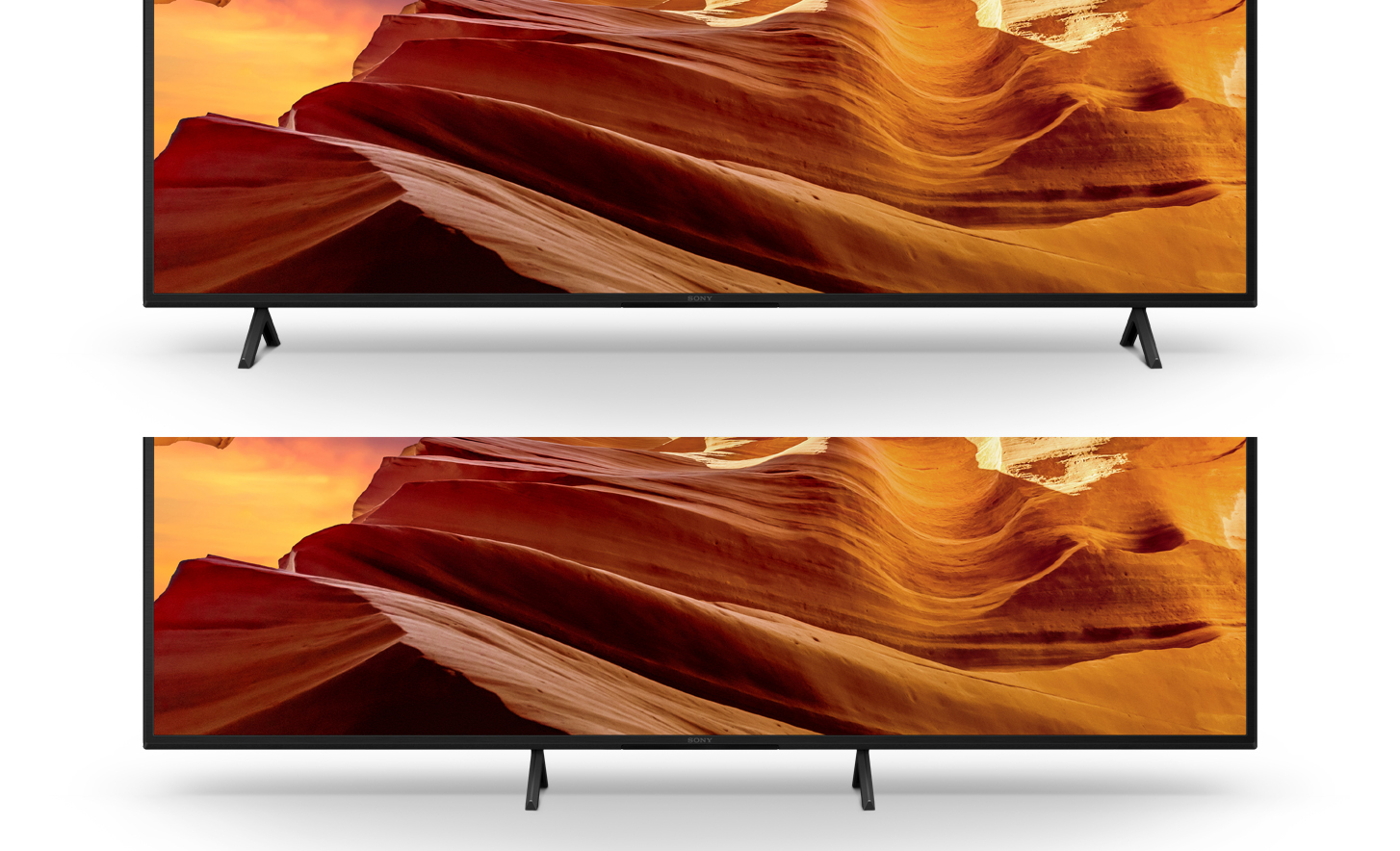 Du televizorių vaizdai su plačiai sumontuotu stovu viršuje ir siaurai sumontuotu stovu apačioje ir uolėto kraštovaizdžio ekrano nuotraukomis