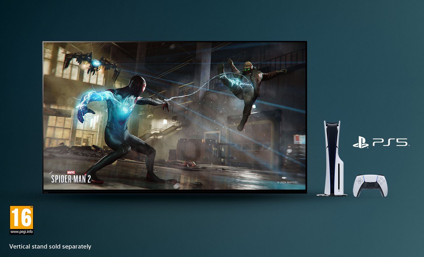 Televizorius su „Marvel SPIDER-MAN 2“ ekrano nuotrauka, „PlayStation® 5“ konsolė ir valdymo pultelis dešinėje pusėje, „PEGI 16“ logotipas apačioje, kairėje pusėje.